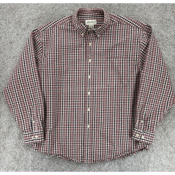 Eddie Bauer Shirt Mens XL Red Plaid Button Up Heavyweight Denim Cabin Overshirt - Picture 2 of 11